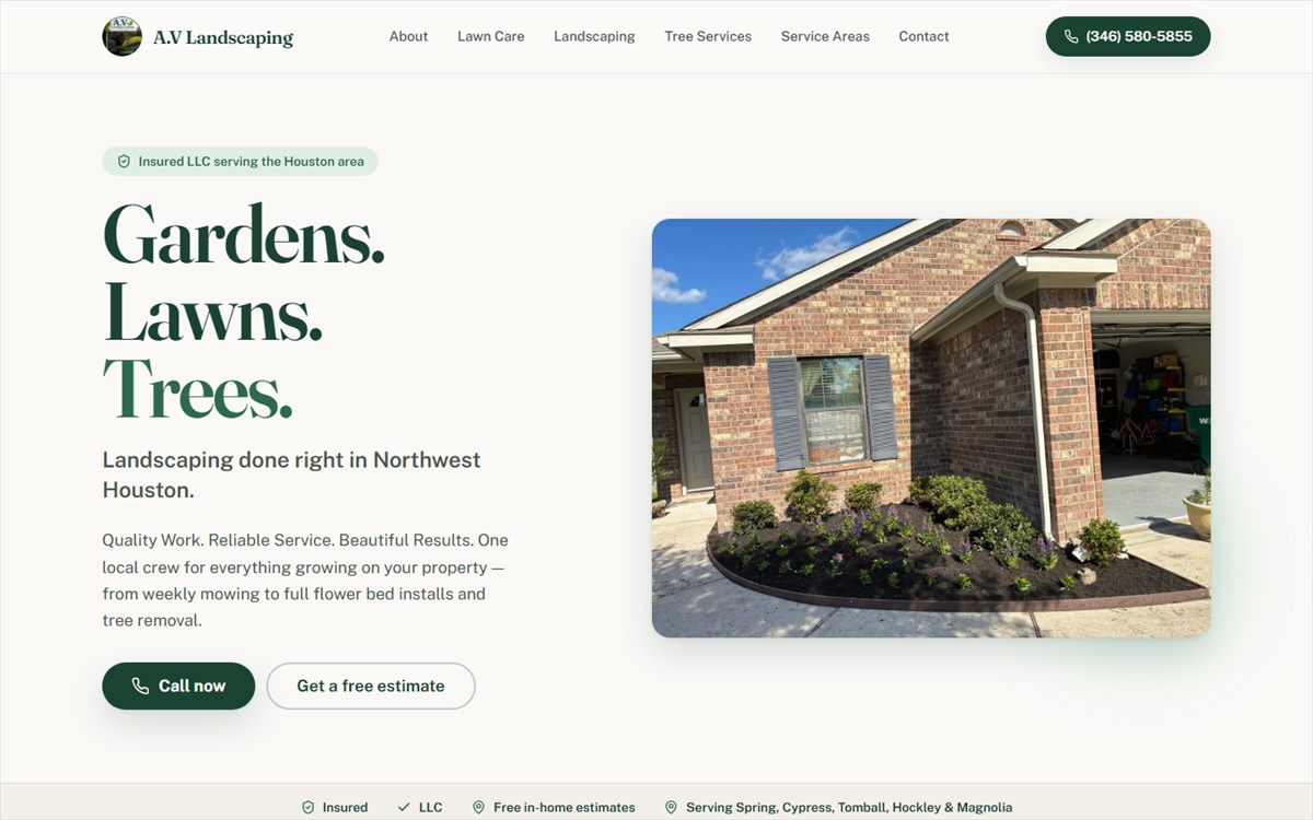 Homepage of the AV Landscaping LLC website showing the headline Gardens. Lawns. Trees. above a photo of a finished flower bed installation